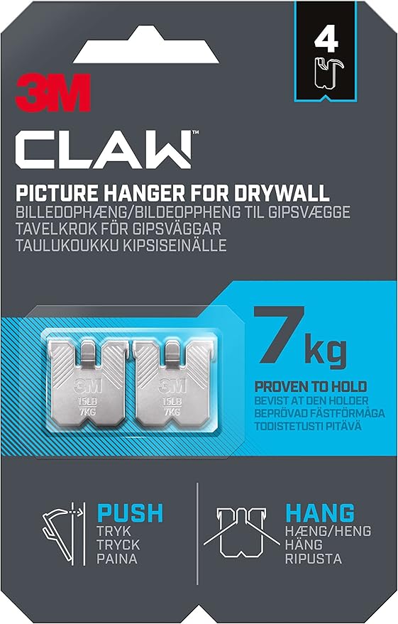 3M Claw Plasterboard Picture Hanging Wall Hooks For Hanging Home Décor, 4 Hangers, Holds up to 7 kg - Ideal for Heavyweight Items