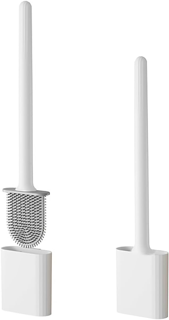 Silicone Toilet Brush with Quick Drying Holder - Flat Silicone Toilet Brush, Flexible Deep Clean Head, Anti-Drip Base and Flooring/Wall Mounted Options, No-Slip Long Handle Bathroom Cleaning Tool.