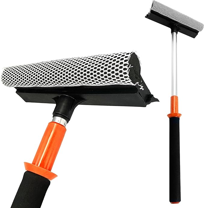 2 in 1 Telescopic Window Squeegee with Durable Squeegee Blade and Sponge Attachment - Window Cleaning Kit Perfect to Use as Shower Cleaner Squeegee, Window Cleaner & Car Window Squeegee