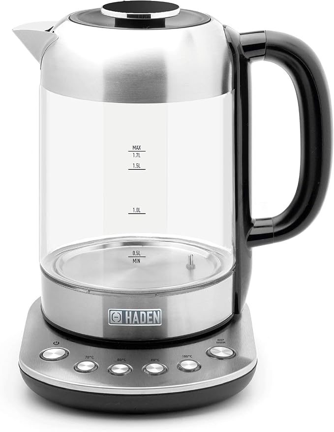 Haden Richmond Kettle – Electric Variable Temperature Fast Boil Kettle, 3000W, 1.7Litre, Brushed Stainless-Steel & Glass, Silver