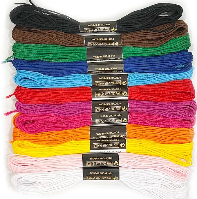 12 Skeins Embroidery Threads, Coloured String, Cross Stitch Thread, Friendship Bracelets Embroidery Floss, Each Roll 8 Metres Long, for Knitting Cross Stitch Project, DIY Crafts