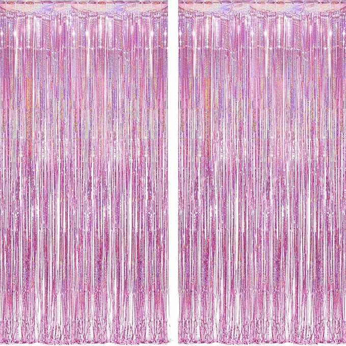 BRAVESHINE Pink Foil Fringe Curtain Backdrop - Valentines Day Decorations Tinsel Metallic Curtain Photo Backdrop for Girls Princess Birthday Hen Wedding Disco Christmas Party Decorations - 2Pcs 1x2.5m