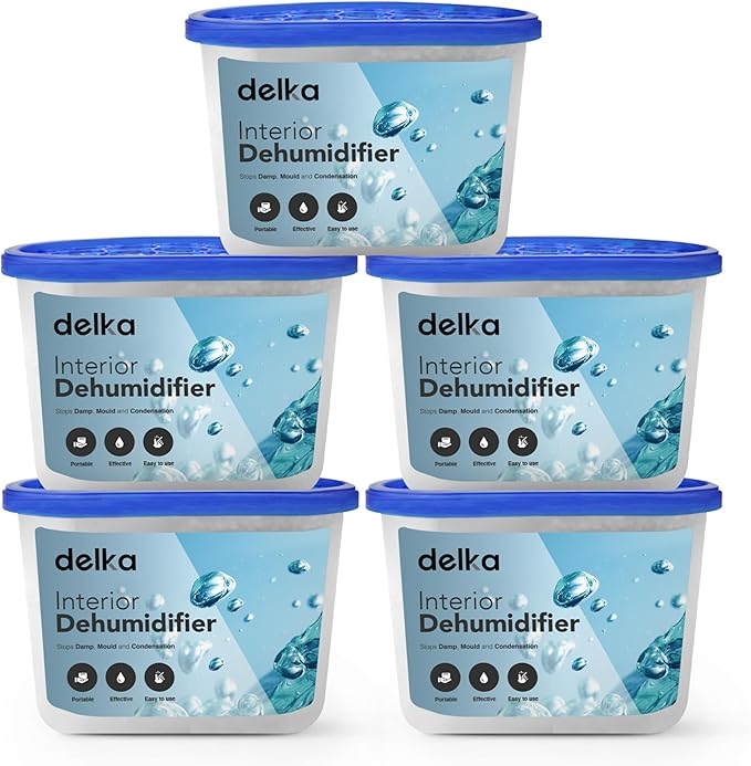 Delka Dehumidifiers 500ml Moisture, Damp Absorbers, Disposable Condensation Remover, Dehumidifiers for Mould Compact & Portable Design for Bedroom, Kitchen, Office, Bathroom, Garage, Wardrobe (5 PACK)
