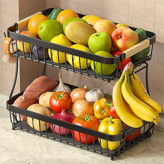 Fournine 2 Tier Fruit Bowl Basket with 2 Banana Hanger, 2026 Pro Detachable Kitchen Countertop Organizer for Fruits, Vegetables, Snacks, Metal Vegetable Storage Rack with Banana Holder, Black