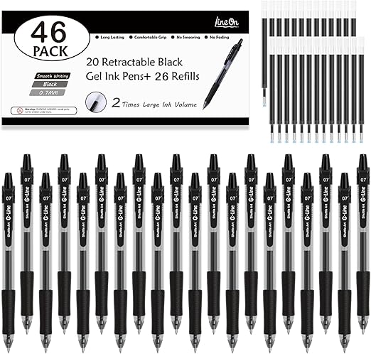 Black Gel Pen Set, 46 Pack (20 Gel Pens with 26 Refills) 0.7mm Retractable Medium Point Black Pens Smooth Writing with Comfortable Grip for Office School