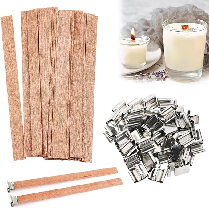 25PCS Wood Wicks for Making Candles Kit, 5" Trimable Natural Wooden Candle Wick with 25 Iron Stand for Handmade DIY Scented Candle Holder Craft Supplies