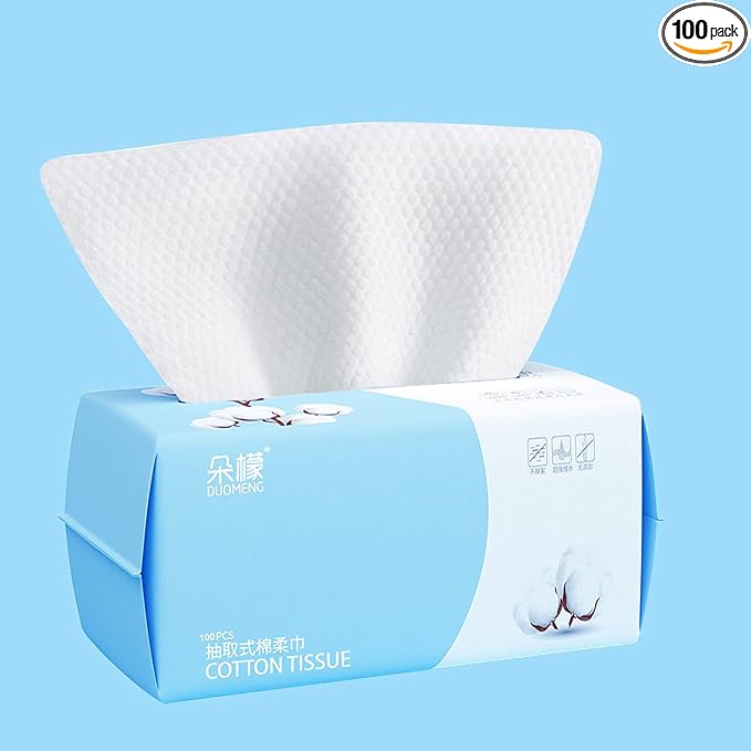 Cotton Facial Dry Wipes 100 Count, Deeply Cleansing Disposable Face Towel Cotton Tissue, Multi-Purpose for Skin Care, Make-up Wipes, Face Wipes and Facial Cleansing