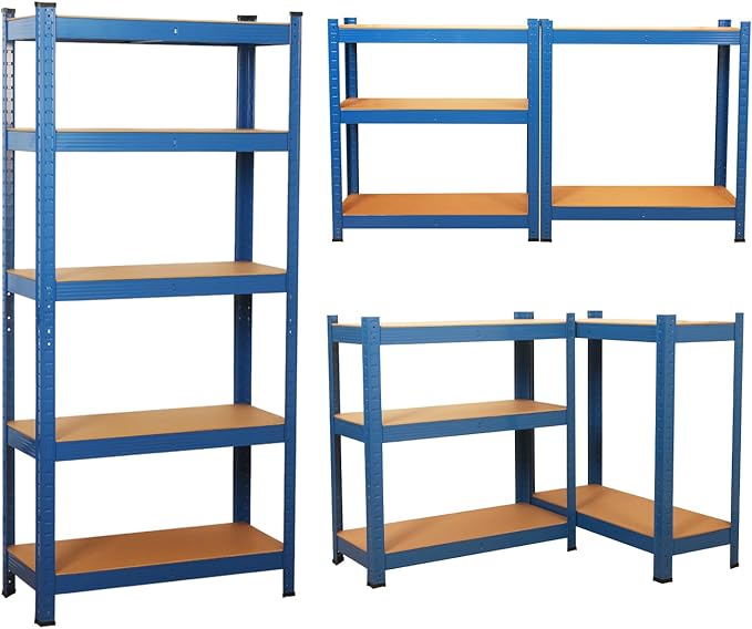 5 Tier Garage Shelves Metal Storage Shelving Heavy Duty Shed Storage Racking Unit Adjustable Boltless for Warehouse Workshop Office (Blue, 90x40x180cm)