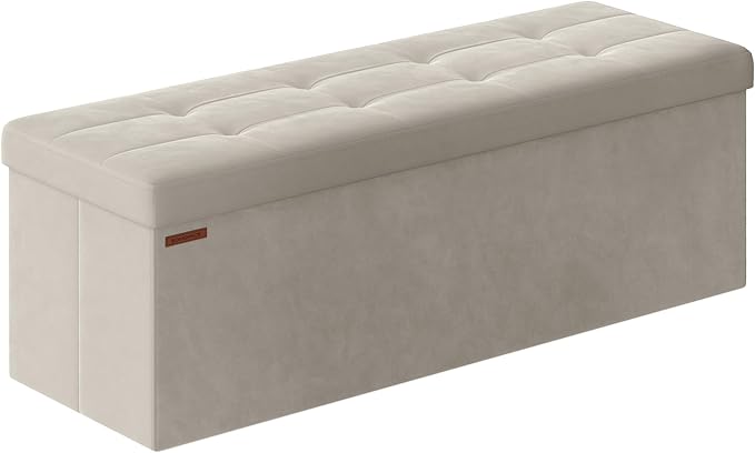SONGMICS Storage Ottoman, Foldable Small Ottoman Foot Rest, 38 x 110 x 38 cm, Cube Ottoman with Storage, Load up to 300 kg, for Living Room, Bedroom, Entryway, Cream White LSF277W51
