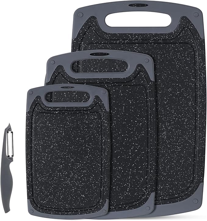 Chopping Board Set, Kitchen Cutting Boards with Non-Slip Feet and Deep Drip Juice Groove, 3PCS BPA Free Plastic Chopping Boards Dishwasher Safe Cutting Board, Black