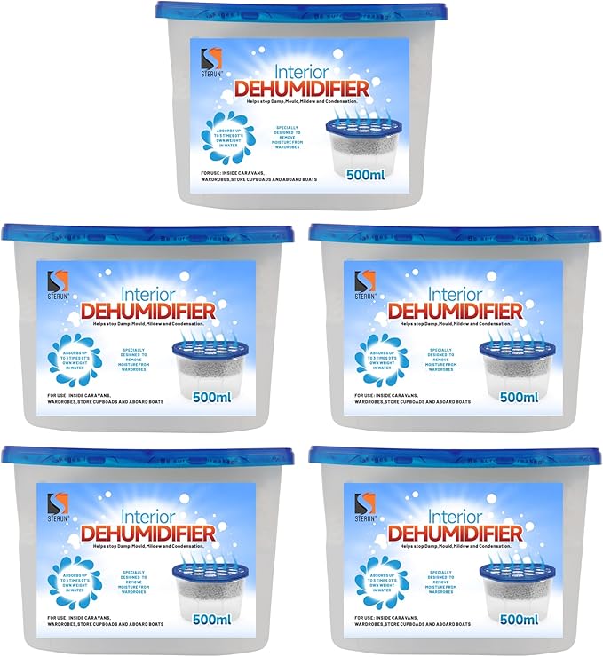 Interior Dehumidifier Disposable 5 Pack, 500ml– Moisture Absorber for Damp, Mould, and Condensation – Ideal for Home, Wardrobe, Bathroom, Caravan, Garages