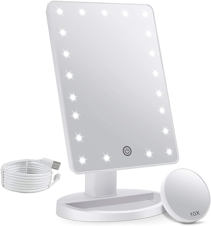 FASCINATE Makeup Vanity Mirror with Lights and Detachable 10X Magnification, 21 Led Lights Adjustable Dimming Touch Sensor, Dual Power Supply, 180° Rotation, Portable Cosmetic Mirror(White)