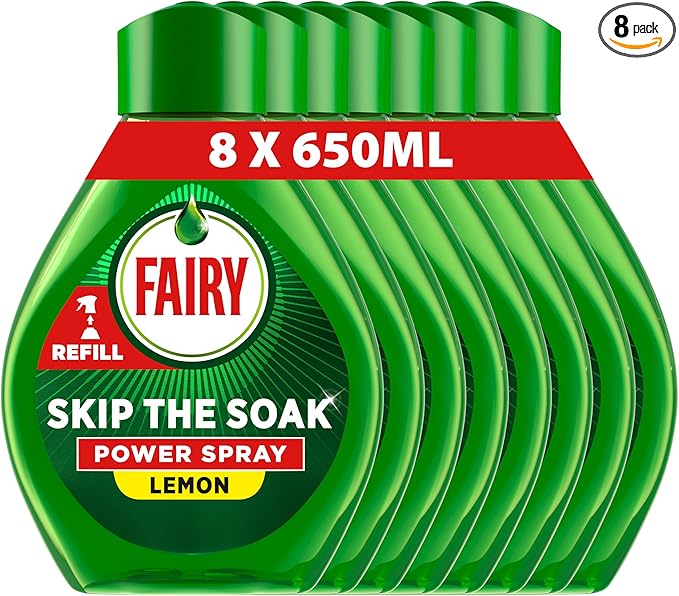 Fairy Skip the Soak Dish Power Spray Refills, Lemon, 8x650ml, Degreaser Spray for Dishes & Kitchen Surfaces