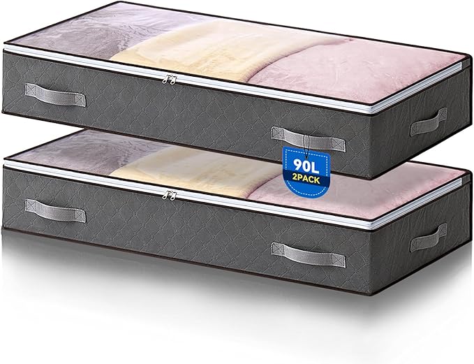 2 Pack 90L Underbed Storage Bags, Under Bed Storage Box With Lid, Clothes Storage Bag, Foldable Underbed Storage Boxes Clothes Organiser Boxes With Handle For Comforters Blankets Bedding