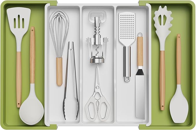 Lifewit Utensil Drawer Organiser, Extendable Cutlery Tray for Kitchen, Adjustable Silverware Flatware Holder, Plastic Kitchen Spatula Tools and Gadgets Storage Divider, Large, Green&White