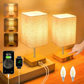 Touch Control USB Table Lamp, Dimmable Nightstand Lamps with USB Charging Ports, Small Touch Lamp with Wood-grain Base ＆ Fabric Shade for Bedroom, Living Room, Children's room, Bulb Included, 2 Pack[Energy Class F]