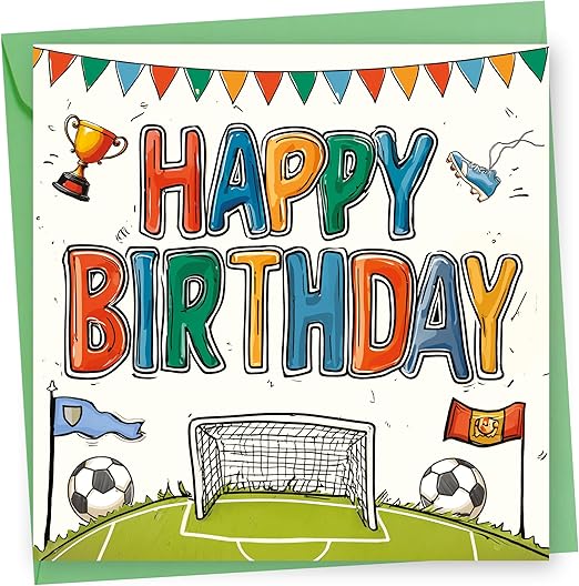 Birthday Card Football Design. 150x150mm supplied with Envelope. Eco-friendly. Message inside. Made in Britain.Football Birthday Card for Boy or Girl, Son, Daughter, Dad, Brother, Husband