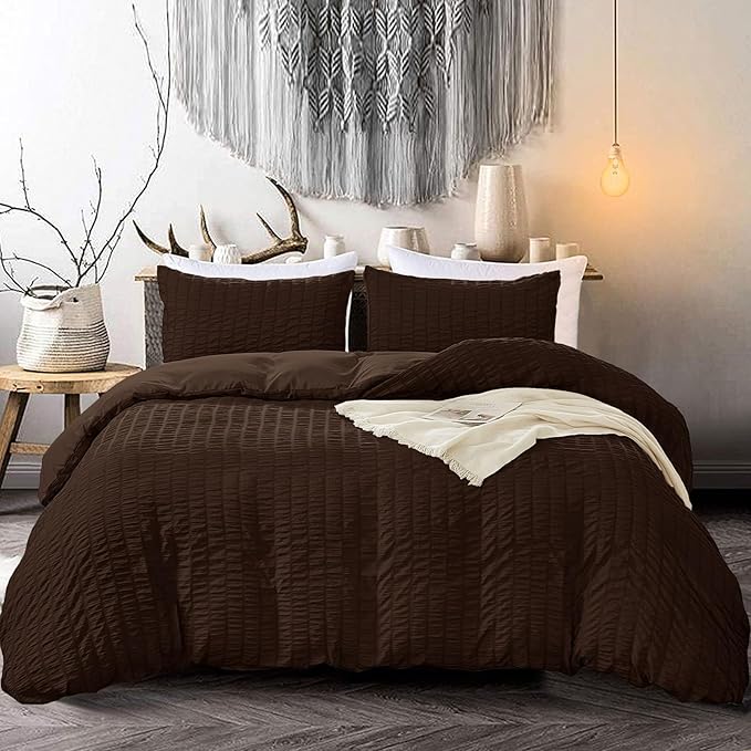 Classic Seersucker Duvet Cover Set 3 Pieces Brown Soft Breathable Microfiber Bedding Set King 220 x 230cm