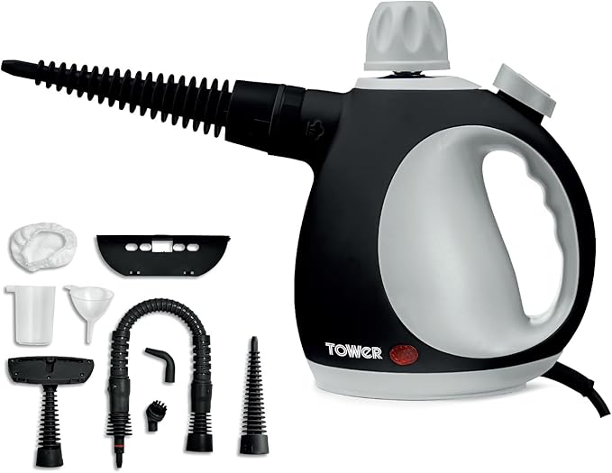 Tower T134000PL THS10 Corded Handheld Steam Cleaner with 9 Accessories, 1050W, Platinum