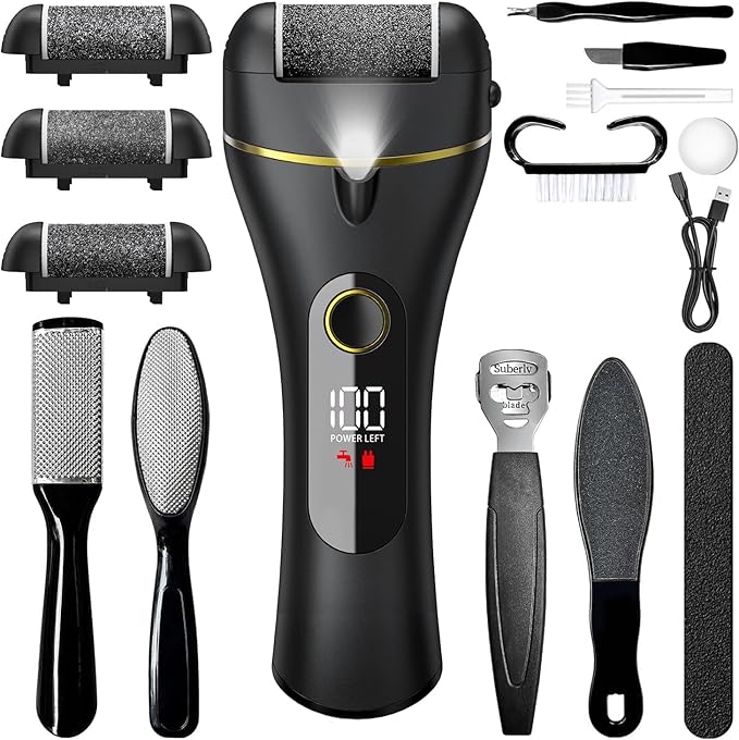 Electric Foot File, 16 in 1 Rechargeable Pedicure Kit, Waterproof Scrubber Dead Skin Removal Tool with 3 Rollers & 2 Speeds for Feet Care, Battery Display(Includes Blades