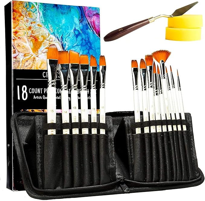 Crafts 4 All Acrylic Paint Brushes - Pack of 18 Professional, Wide and Fine Tip, Nylon Hair Artist Paintbrushes - Paintbrush Bulk Set for Watercolor, Canvas, Craft, Detail & Oil Painting