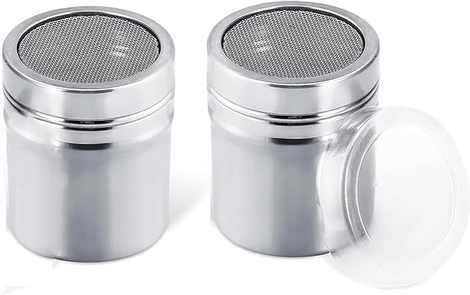 2Pcs Flour Sugar Salt Shaker - 7oz Stainless Steel Chocolate Powder Shaker, Fine Mesh Flour Duster for Baking Cooking, Icing Sugar Salt Cocoa Flour Coffee Shaker Sifter for Kitchen Craft