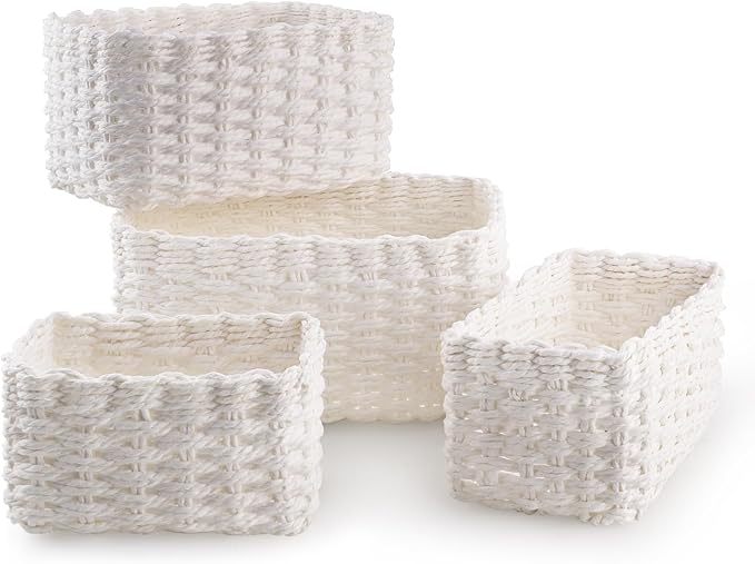 Wicker Basket, Revivoer Set of 4 Small Wicker Hamper for Gifts, Multifunctional Storage Baskets Empty for Bedroom Home Office (Blanc)