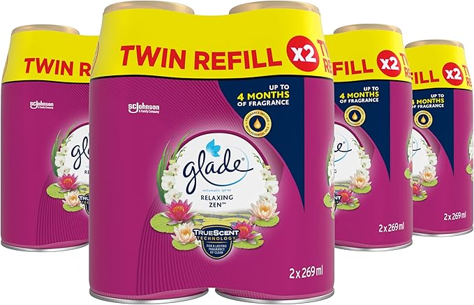 Glade Automatic Air Freshener Refills, Room Spray & Odour Eliminator, Relaxing Zen, Pack of 4 Duos (8 Refills x 269ml)