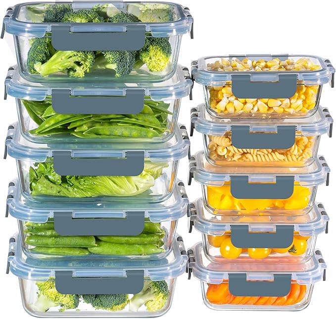 MFY 10 Pack Glass Containers with Lids, Reusable Meal Prep Containers, Airtight Glass Food Storage Containers with Lids, BPA-free, Microwave, Oven, Freezer and Dishwasher Safe, 1040ml & 400ml, Gray