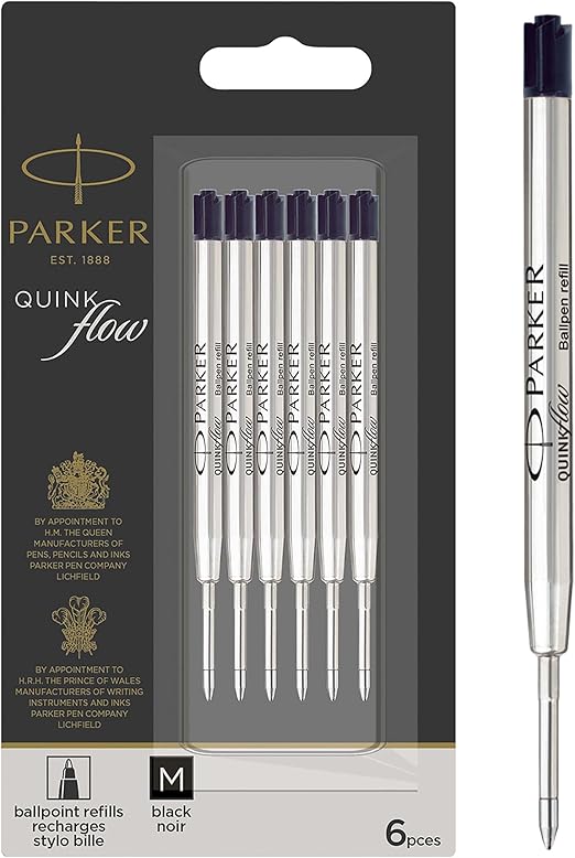 Parker Ballpoint Pen Refills | Medium Point | Black QUINKflow Ink | 6 Count Value Pack