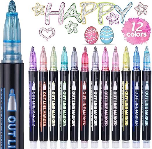 Valentines Gifts for Kids, 12 Glitter Pens Outline Marker Pens, Arts and Crafts for Kids, Gifts for Teenage Girls, Art Supplies Colouring Pens Outline Pens, Gifts for 4-12 Year Old Girls