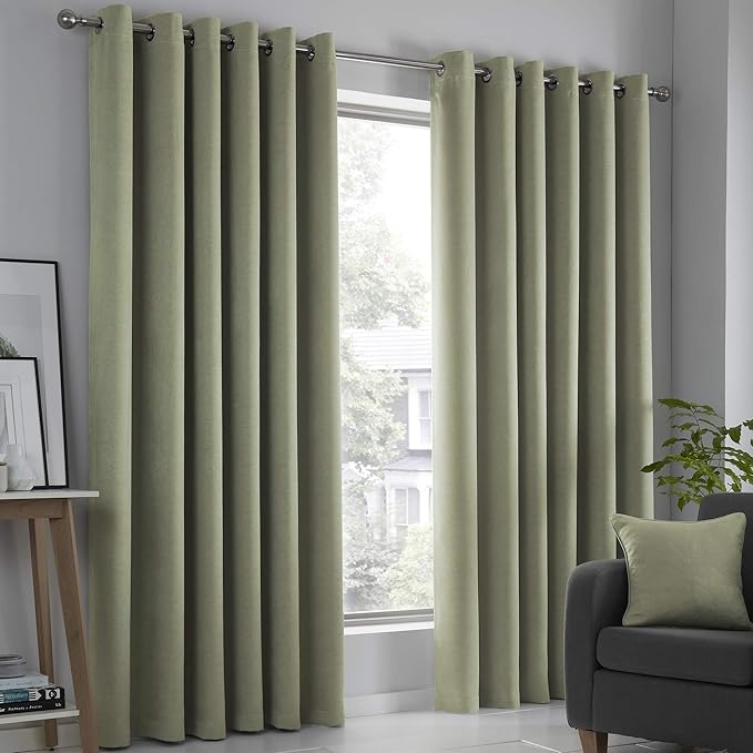 Fusion Sage Green Curtains W46 x L54" (117x137cm) – 2 Panels – Eyelet Thermal Drapes for Bedroom, Living Room & Doors – Cotton Look – Leaf Print – Strata Collection