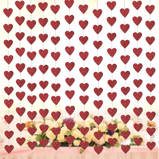 Valentines Decorations - 12 Pcs Valentines Day Red Hearts Hanging String Garland Decorations Engagement Wedding Party
