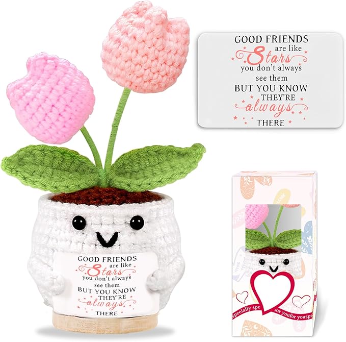 Yalucky Friendship Gifts for Women Tulips Crochet Flowers Funny Small Christmas Birthday Gift for Women Personalized Friends,Colleague,Bestie Galentines Gift Cute Stuff Desk Accessories