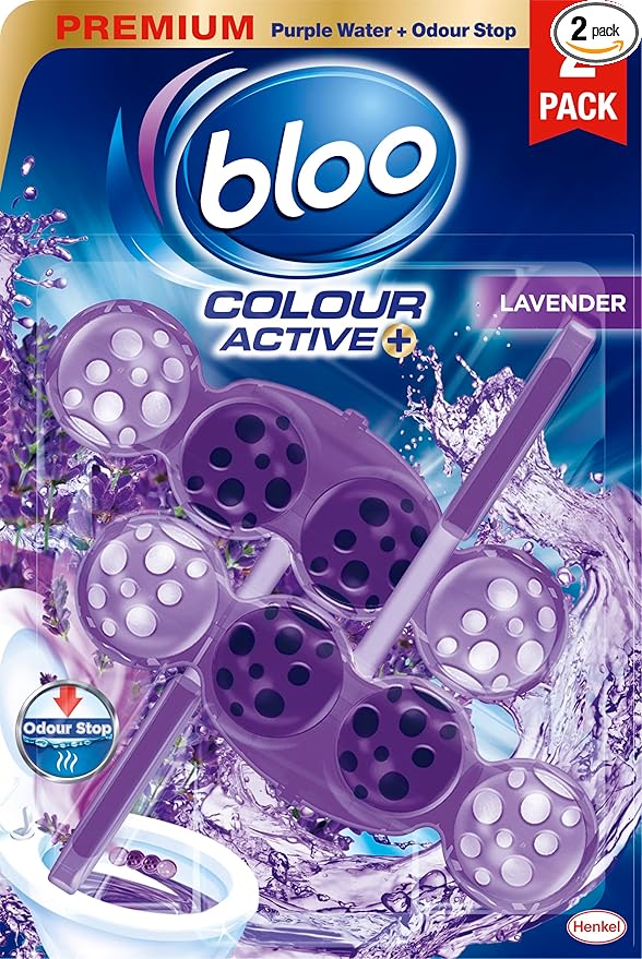 Bloo Colour Active Toilet Rim Block Lavender with Anti-Limescale, Cleaning Foam, Dirt Protection and Extra Freshness - 2 x Rimblocks, purple