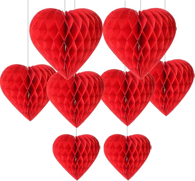8pcs Heart Honeycomb Balls, Red Paper Hanging Decorations for Valentine's Day, Romantic Occasions