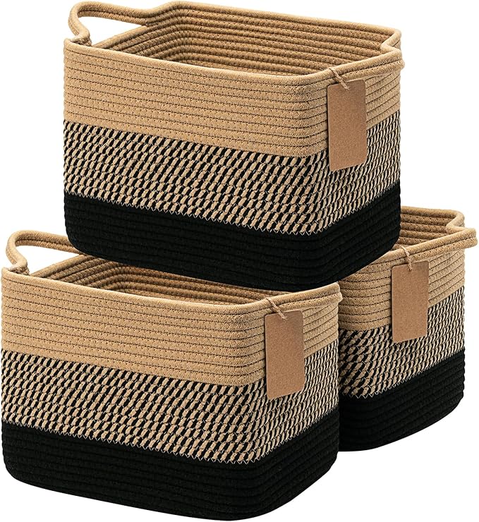 Storage Basket, Small Laundry Baskets Pack of 3, Basket Storage for Toy, Towel, Blanket, Rope Baskets for Shelves, Bedroom, Living Room, 33 x 25 x 23 cm, Black Jute