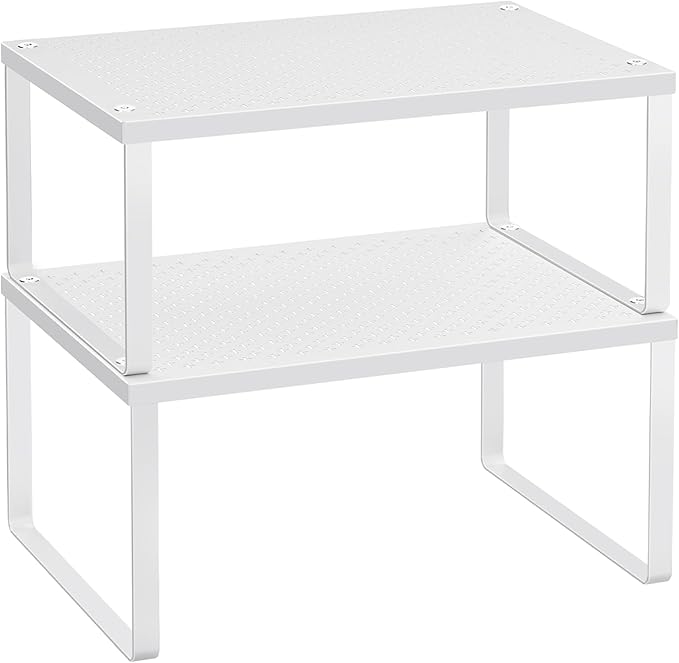 SONGMICS Spice Racks, Set of 2 Cupboard Organisers, Kitchen Storage, Stackable, Expandable, Metal Counter Shelves, White KCS01WT
