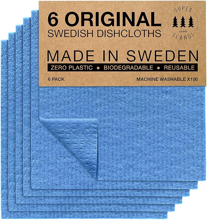 SUPERSCANDI 6 Pack Reusable Cleaning Cloths - 100% Biodegradable & Compostable | Washable Swedish Dishcloth - Food-Safe & Plastic-Free | Kitchen Cloth Suitable for Any Surface, Blue