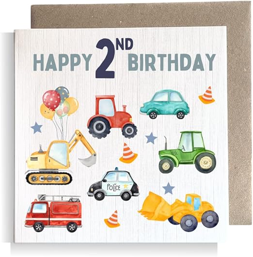 Second Ave 2nd Birthday Age 2 Children's Kids Baby Tractor Car Square Card For Boy or Girl Birthday