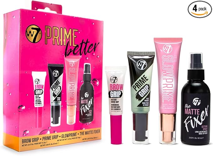 W7 Prime Better Set - 4 Piece Makeup Prime & Set Collection with Primer, Fixer, Glow & Brow Grip