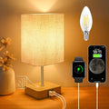 Touch Control USB Table Lamp, Dimmable Nightstand Lamps with USB Charging Ports, Small Touch Lamp with Wood-grain Base ＆ Beige Fabric Shade for Bedroom, Living Room, Children's room, Bulb Included[Energy Class F]