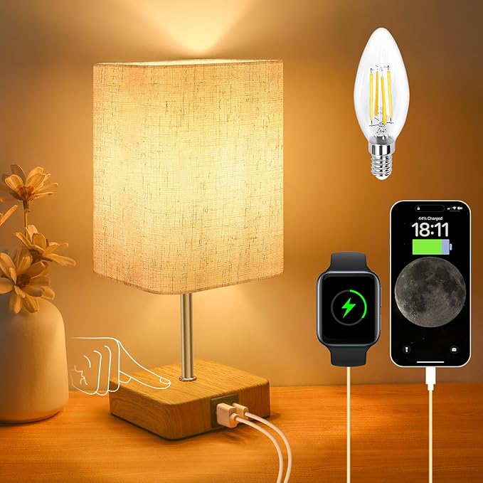 Touch Control USB Table Lamp, Dimmable Nightstand Lamps with USB Charging Ports, Small Touch Lamp with Wood-grain Base ＆ Beige Fabric Shade for Bedroom, Living Room, Children's room, Bulb Included[Energy Class F]