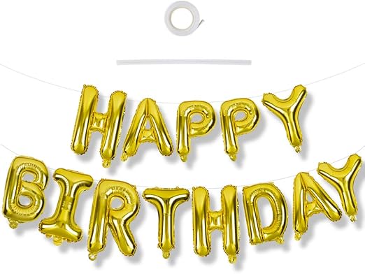 TONIFUL 16 Inch Letter Balloons 3D Gold Happy Birthday Banner with Ribbon Straw, 16 Inch Mylar Foil Letters Birthday Sign Banner Balloon Bunting Reusable for Adults Halloween Party Supplies