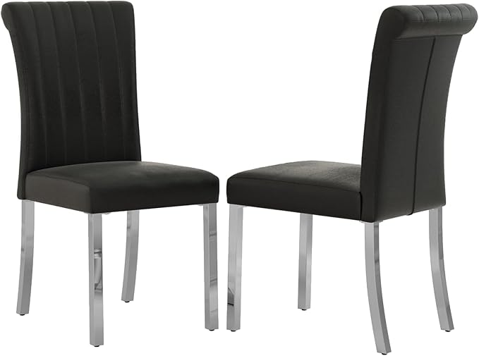 Upholstered Dining Chairs Set of 2, Modern Velvet Kitchen Chairs with Rolled Back Design, High Back Dining Chairs with Metal Legs for Dining Room, Living Room, Home, Office (Black)