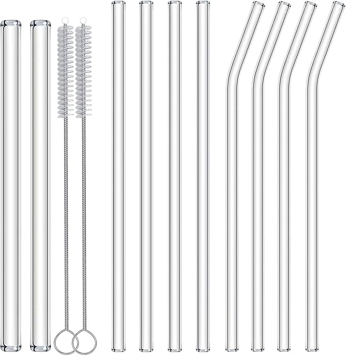 Reusable Glass Straws 10-Pack Drinking Straw 4 Bent + 4 Straight + 2 Wider Smoothie Straws with 2 Cleaning Brushes