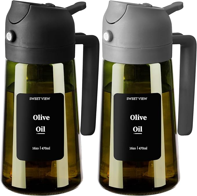 2PCS Olive Oil Dispenser and Sprayer – 16oz/470ml Glass Light-Proof Pour Bottle, Kitchen Gadgets Accessories for Air Fryer, Cooking, Salad, and BBQ