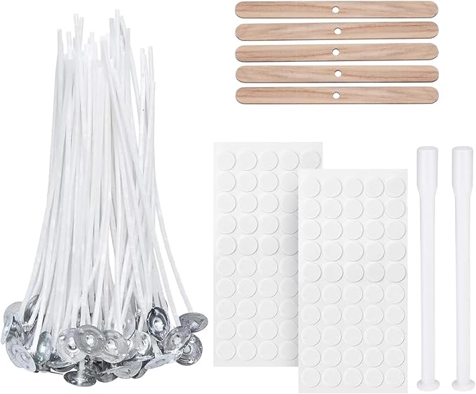 VABNEER 100 Piece Cotton Candle Wick Candle Making for Candle DIY No Black Smoke (10cm/4in with 5pcs Candle Wick Holders & 100pcs Double-sided Adhesive Points)
