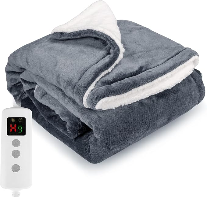 Heated Blanket Electric Throw 160x130CM, 10 Levels &1-9H Timer Auto-Off, Machine Washable, Soft Flannel Sherpa Full Body Warming, Sofa Bed Office Use, Heating Blanket -