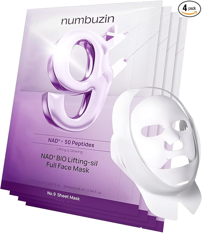 numbuzin No.9 Sheet Mask | NAD+ BIO Full Face Mask | Improves Jawline, Jowls, Wrinkles, Neck Lines | Peptides, NAD+, Collagen | Skin Firmness | 4 Sheets + Band